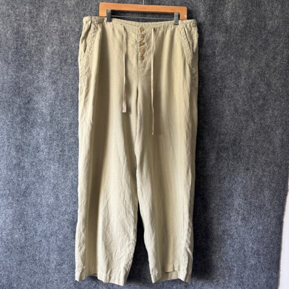 Real Comfort Pants 100% Linen Women 14 Tan Drawstring Wide Leg Vacay Beach Flowy